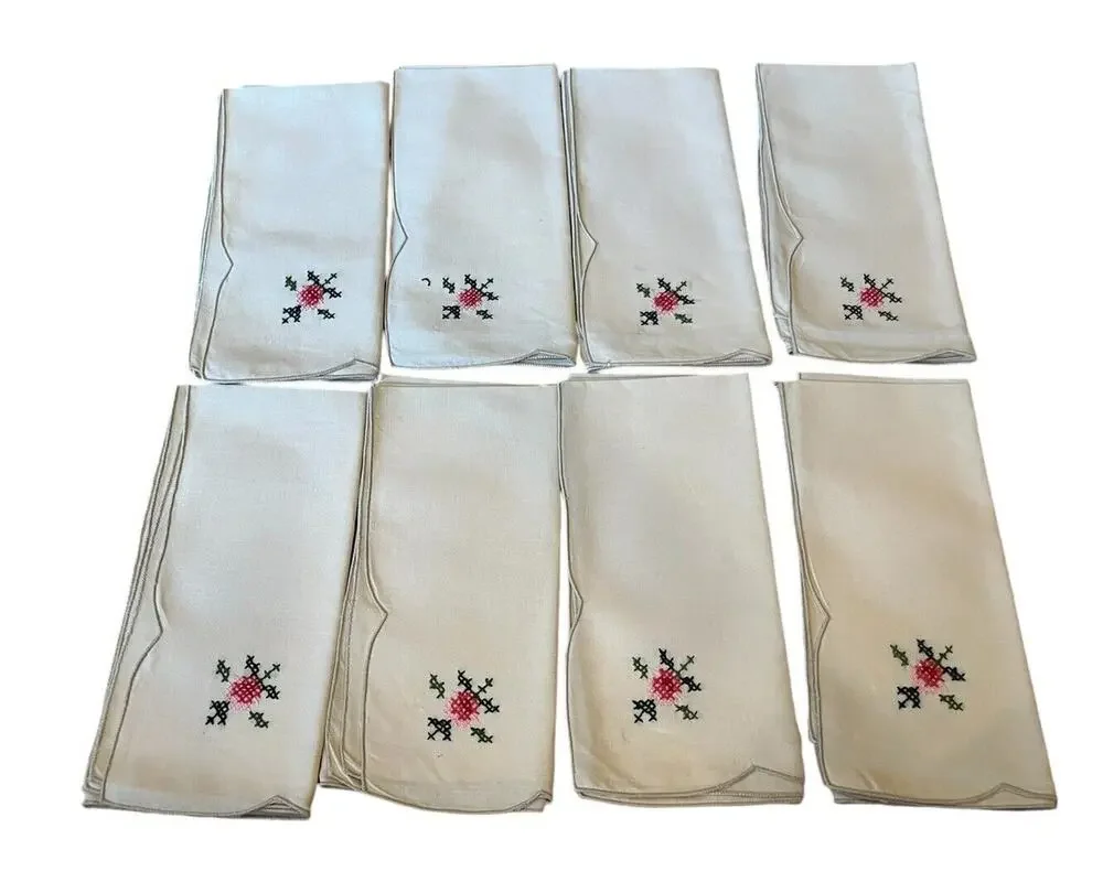 8 VTG Linen Cotton Napkins Embroidered with Pink Flowers Cross Stitch 16 X 16”